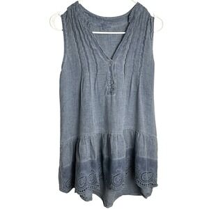 Rosemarine 100% Linen Boho Tunic Top Womens S Blue Sleeveless Eyelet Ruffle Hem